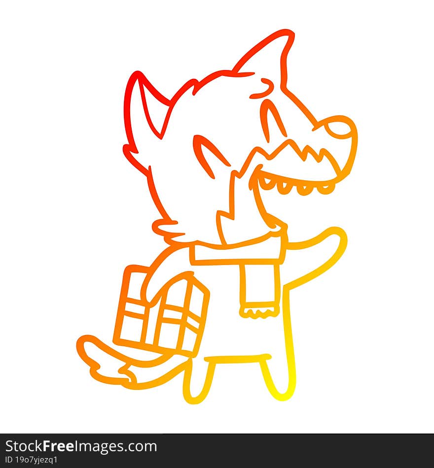 warm gradient line drawing of a laughing christmas fox cartoon