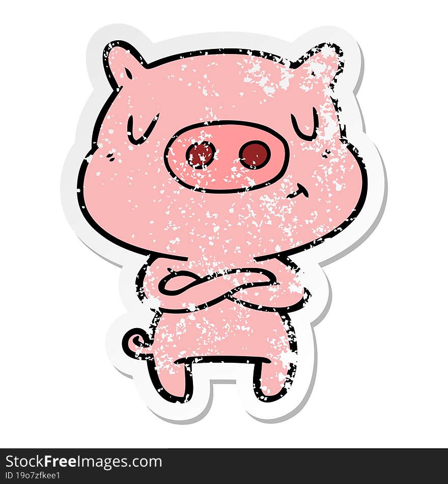 distressed sticker of a cartoon content pig