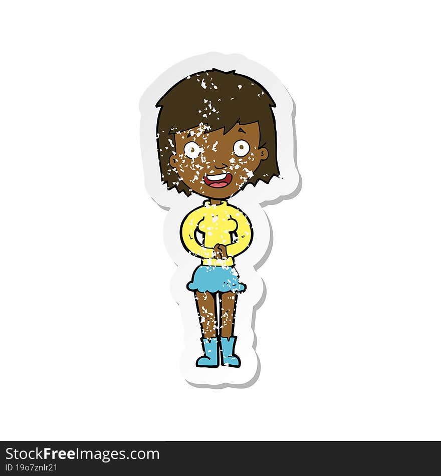 Retro Distressed Sticker Of A Cartoon Excited Woman