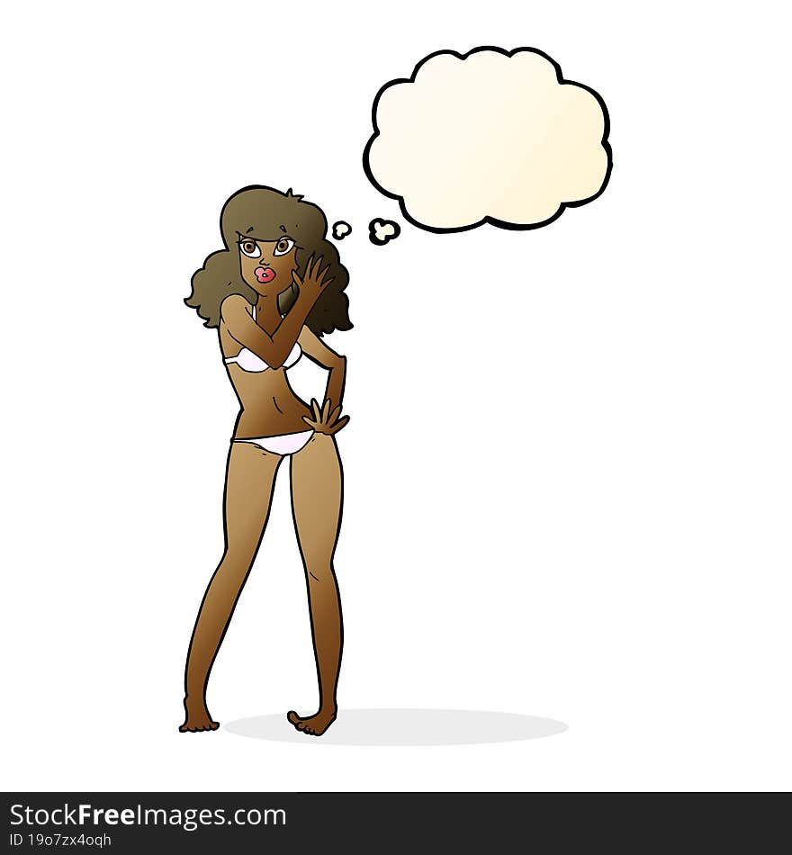 cartoon pretty woman in bikini with thought bubble