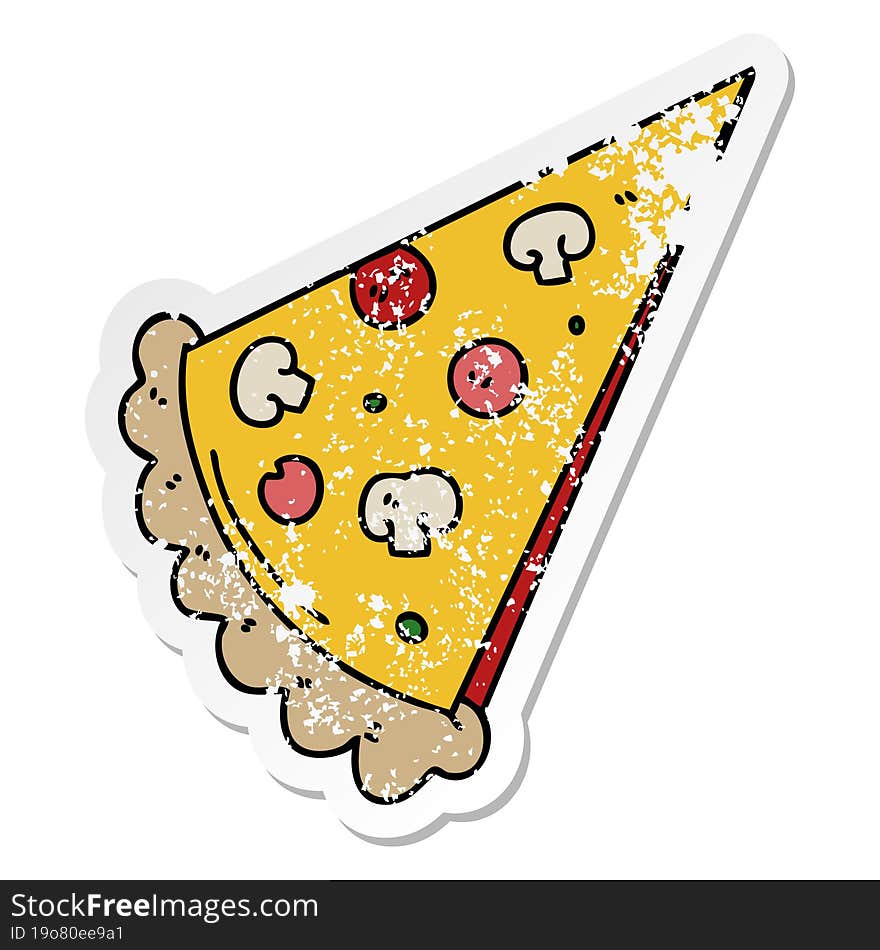 distressed sticker of a quirky hand drawn cartoon slice of pizza