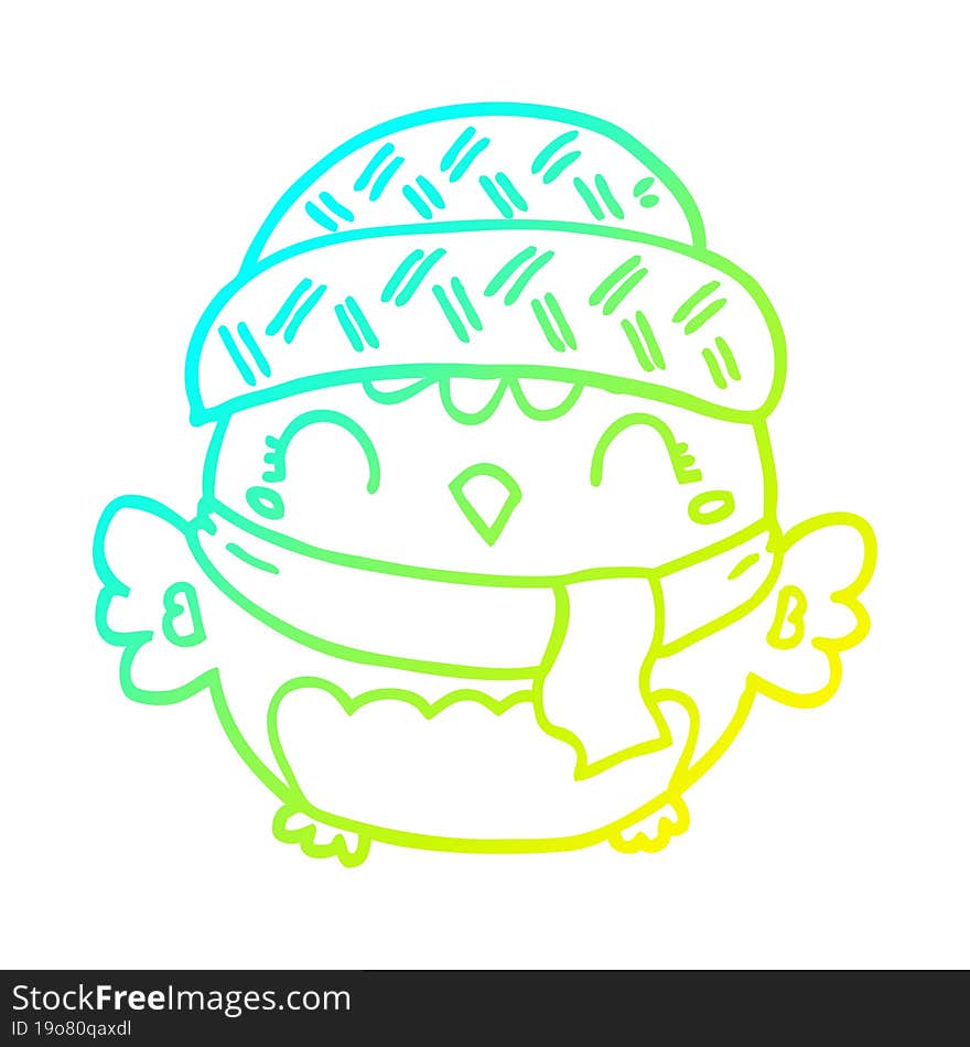 Cold Gradient Line Drawing Cute Cartoon Owl In Hat