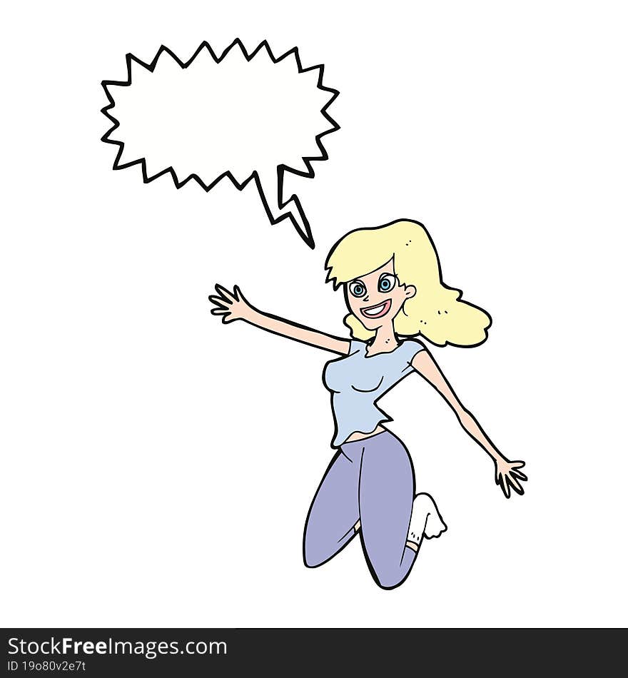 cartoon jumping woman with speech bubble