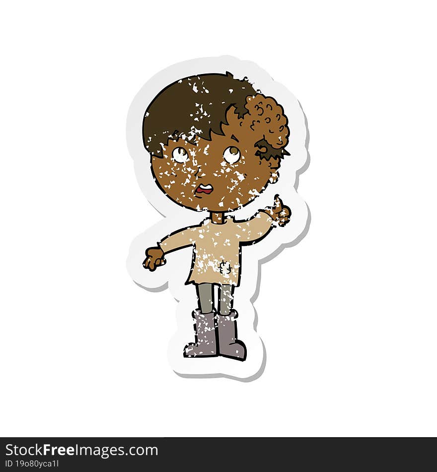 retro distressed sticker of a cartoon boy with growth on head