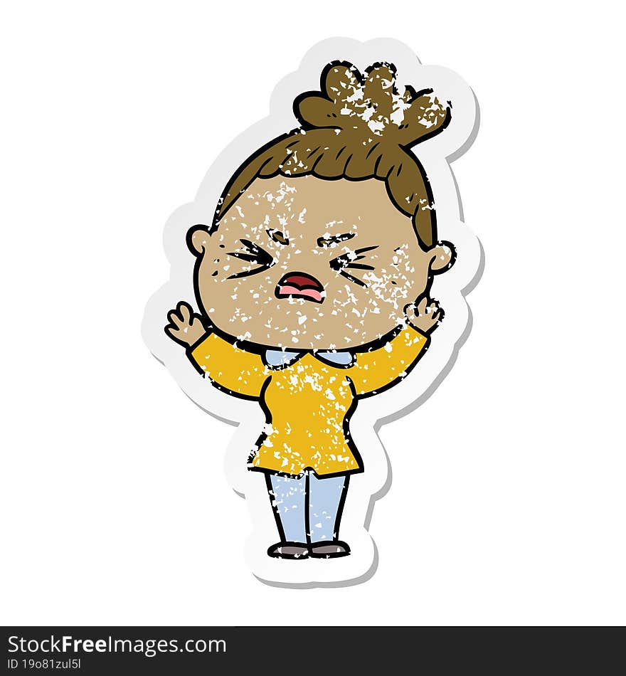 distressed sticker of a cartoon angry woman