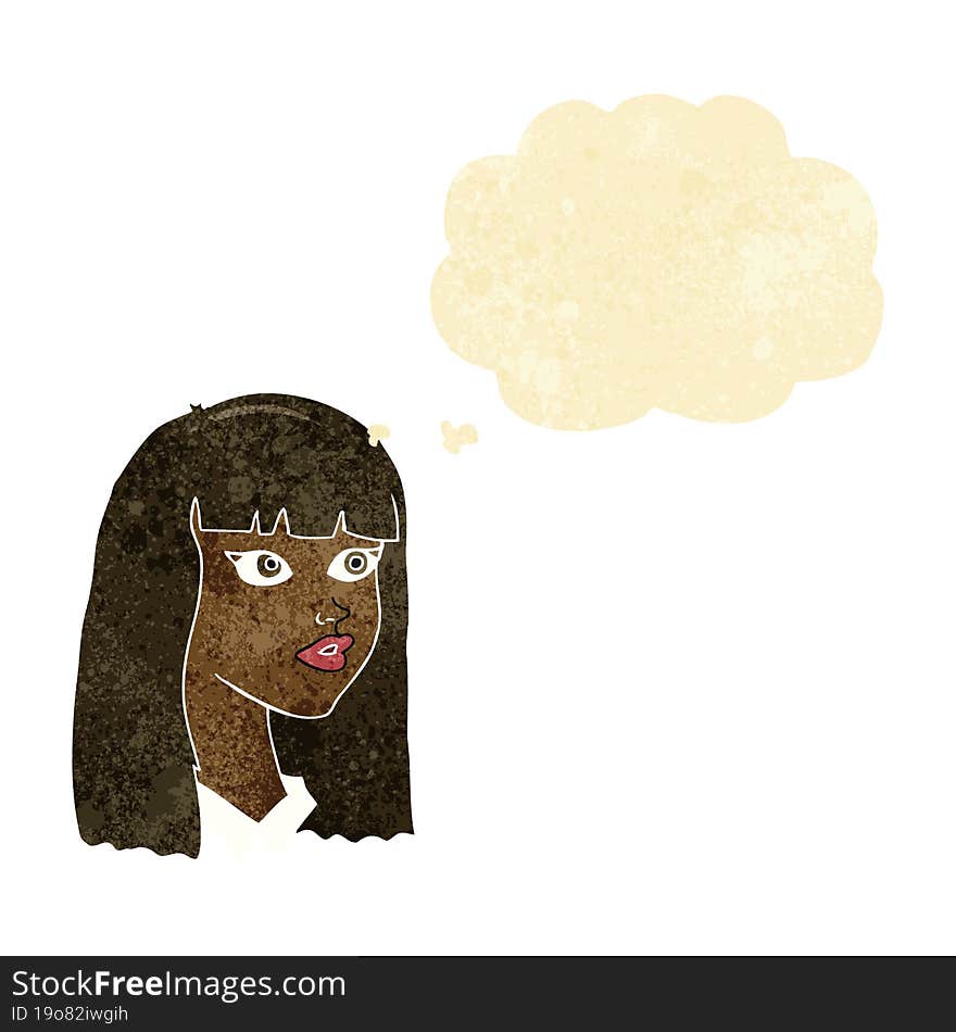 cartoon pretty girl with long hair with thought bubble