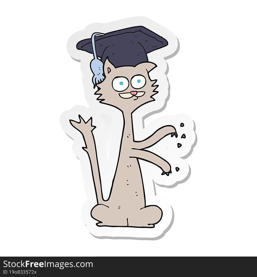 Sticker Of A Cartoon Cat With Graduation Cap