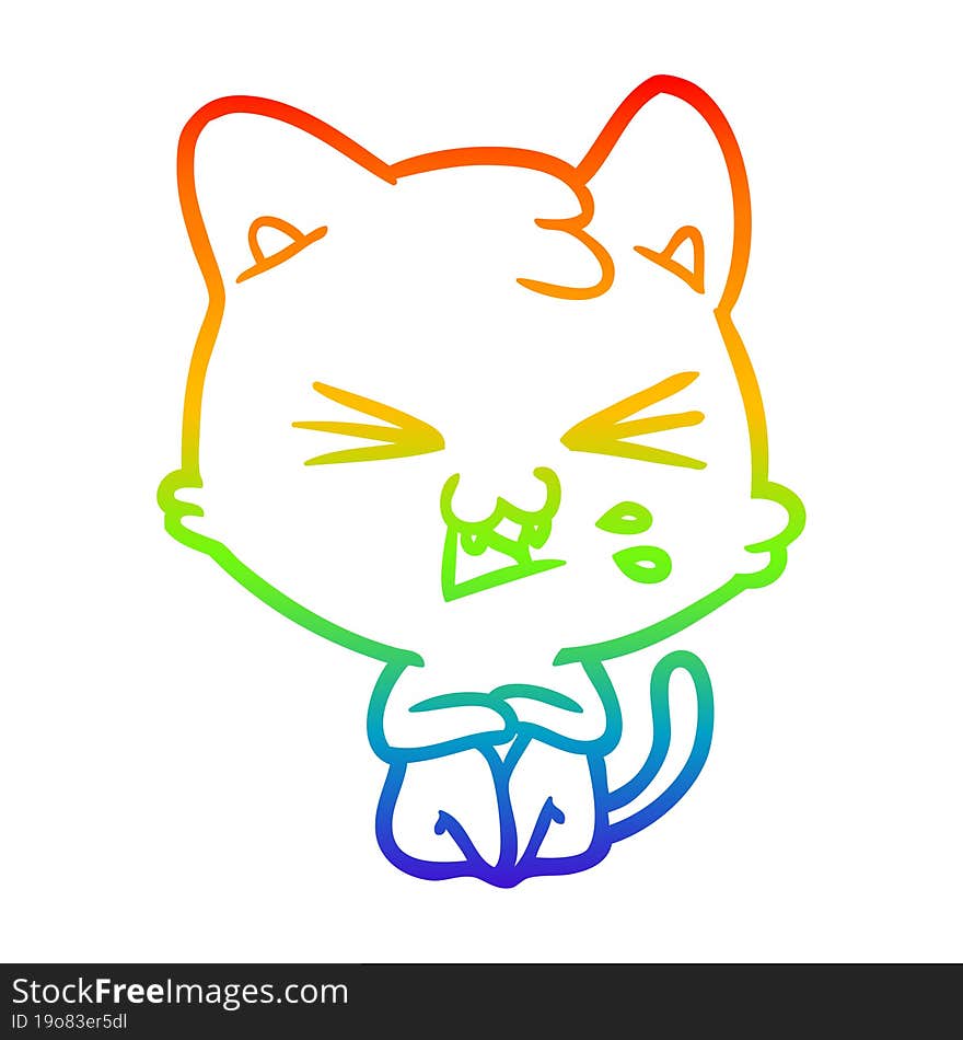 Rainbow Gradient Line Drawing Cartoon Cat Hissing