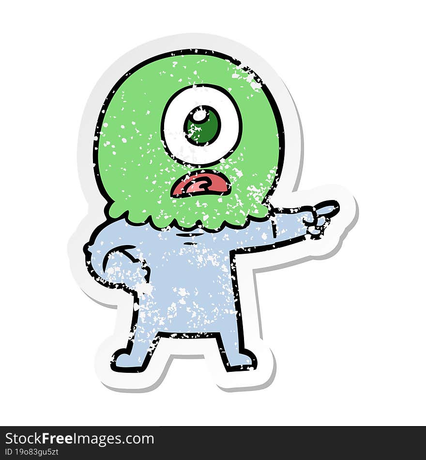 distressed sticker of a cartoon cyclops alien spaceman pointing