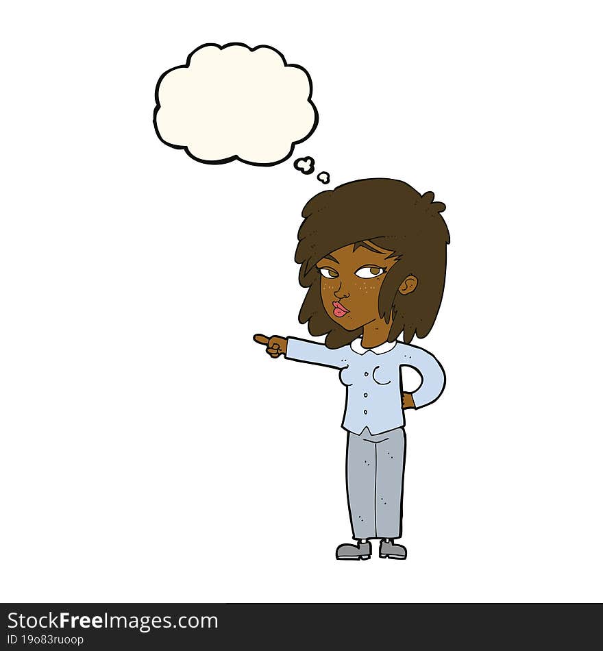 cartoon woman pointing with thought bubble