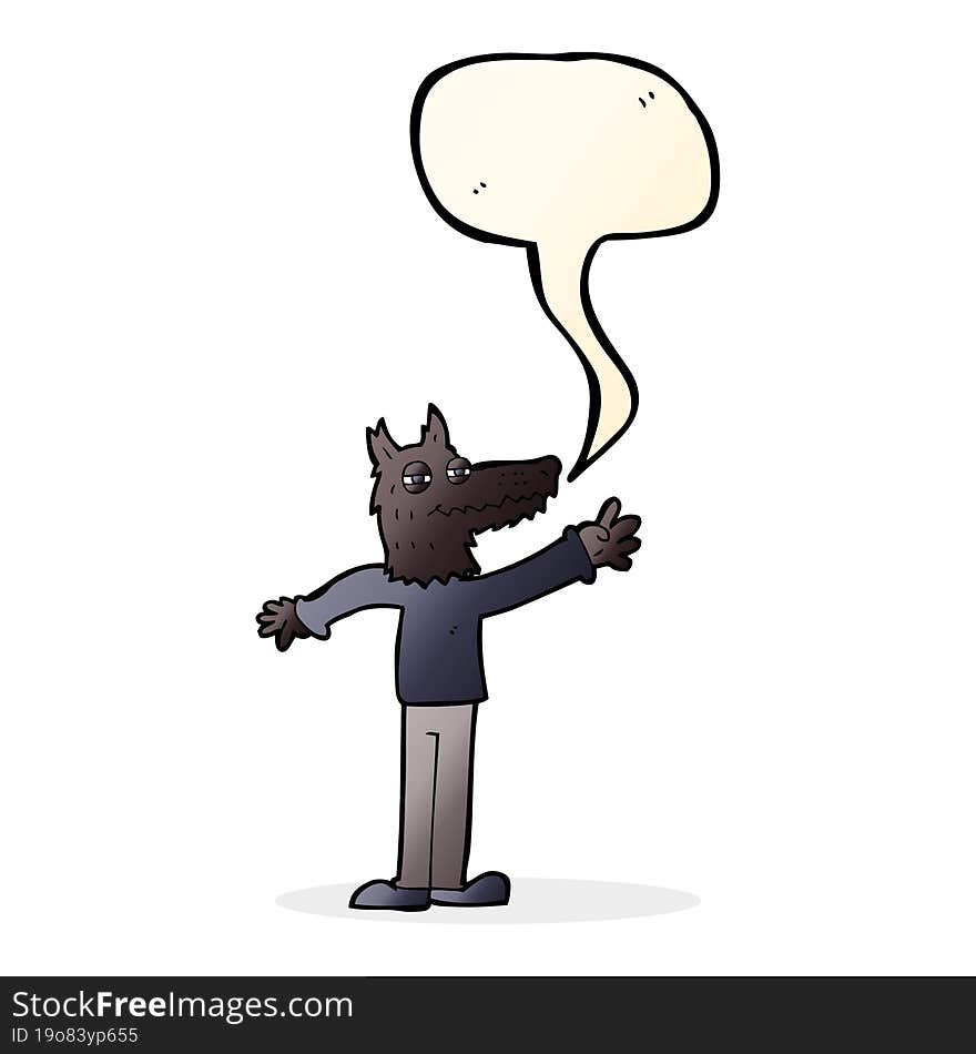 cartoon waving wolf with speech bubble