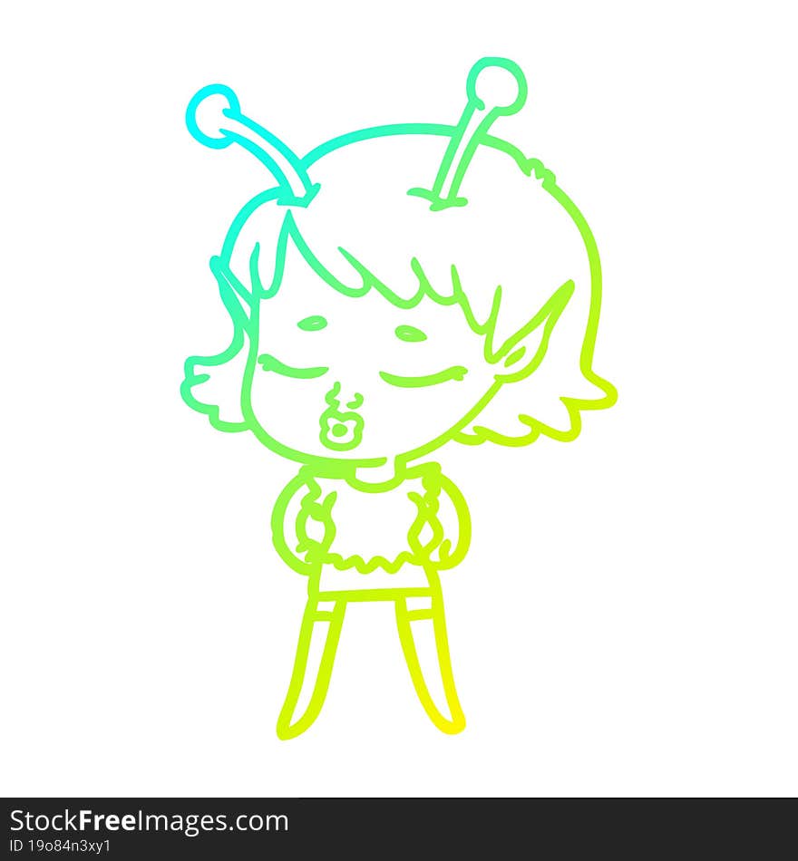 Cold Gradient Line Drawing Cute Alien Girl Cartoon