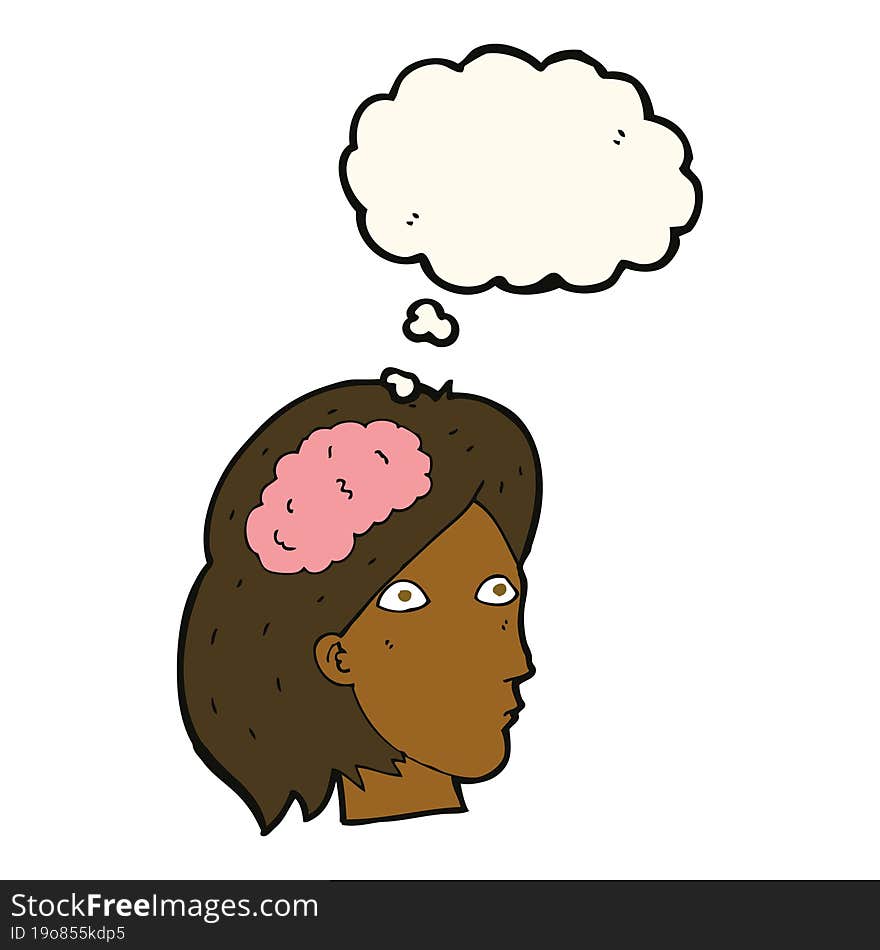 cartoon female head with brain symbol with thought bubble