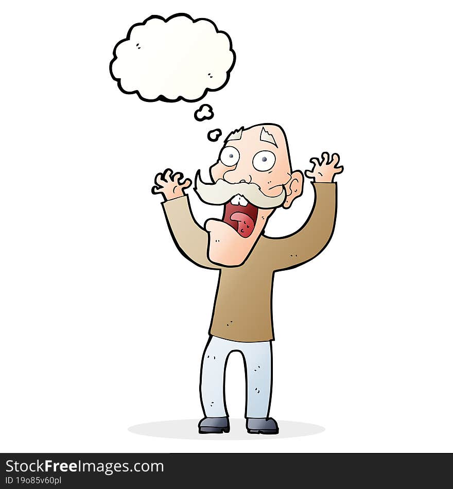 cartoon old man getting a fright with thought bubble