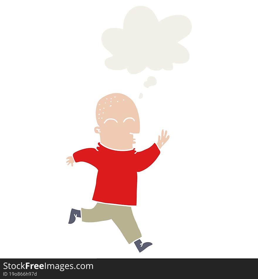 cartoon man running and thought bubble in retro style