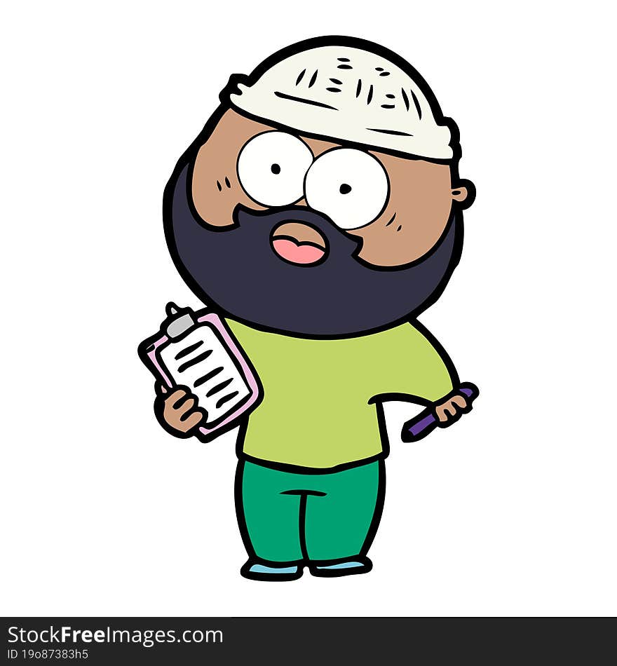 cartoon bearded man with clipboard and pen. cartoon bearded man with clipboard and pen