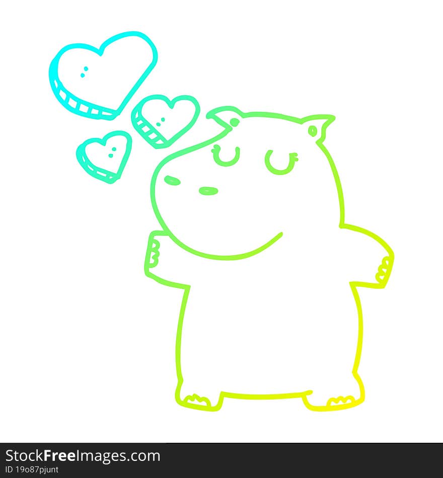 cold gradient line drawing cartoon hippo in love