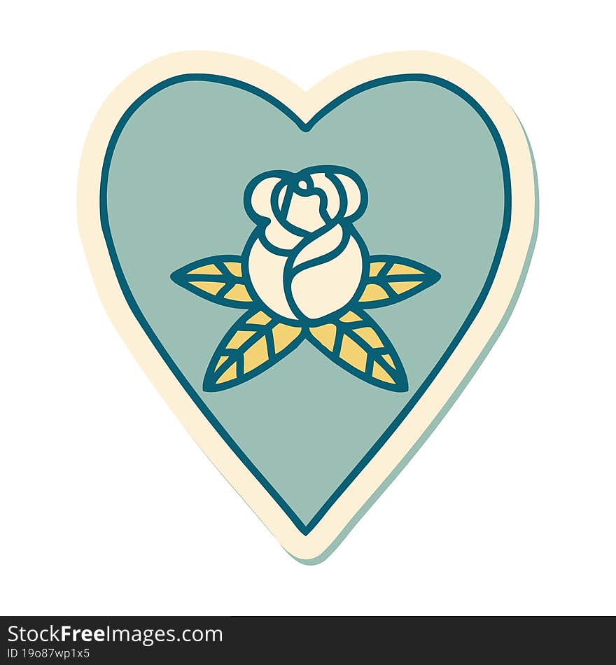 sticker of tattoo in traditional style of a heart and flowers. sticker of tattoo in traditional style of a heart and flowers