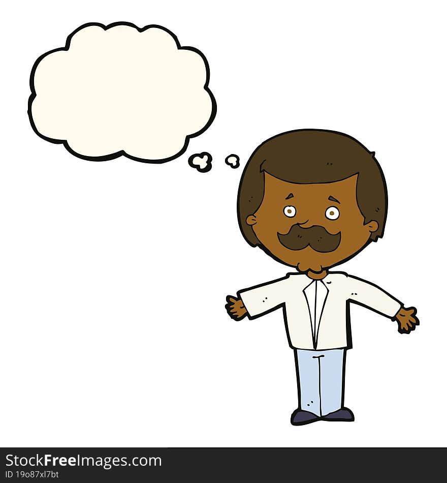 Cartoon Mustache Man With Open Arms With Thought Bubble