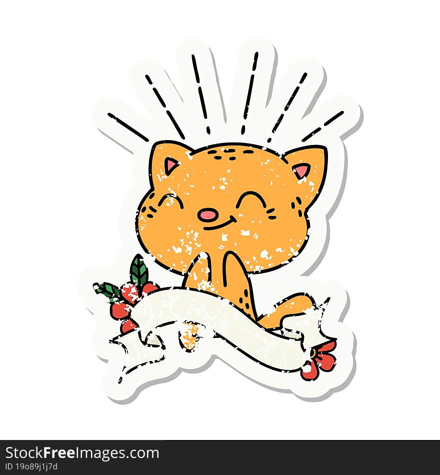 grunge sticker of tattoo style happy cat