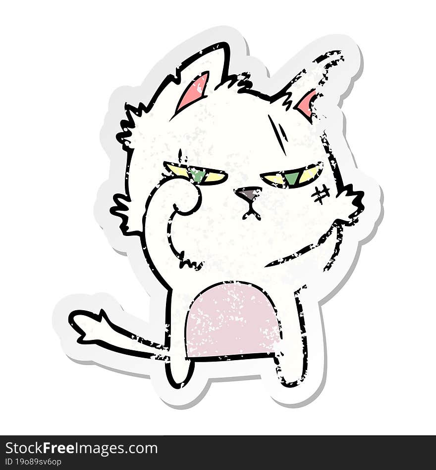 distressed sticker of a tough cartoon cat