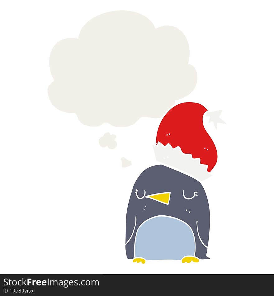 cute christmas penguin and thought bubble in retro style