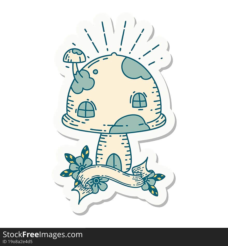 sticker of tattoo style toadstool house