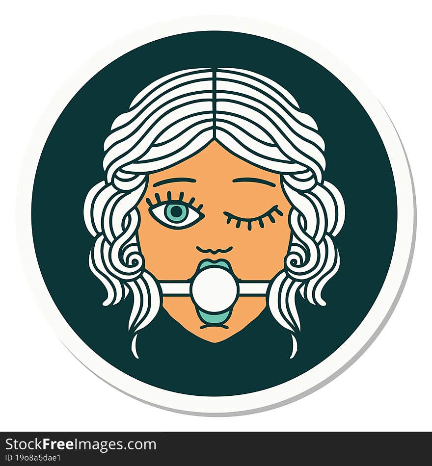 tattoo style sticker of winking female face with ball gag