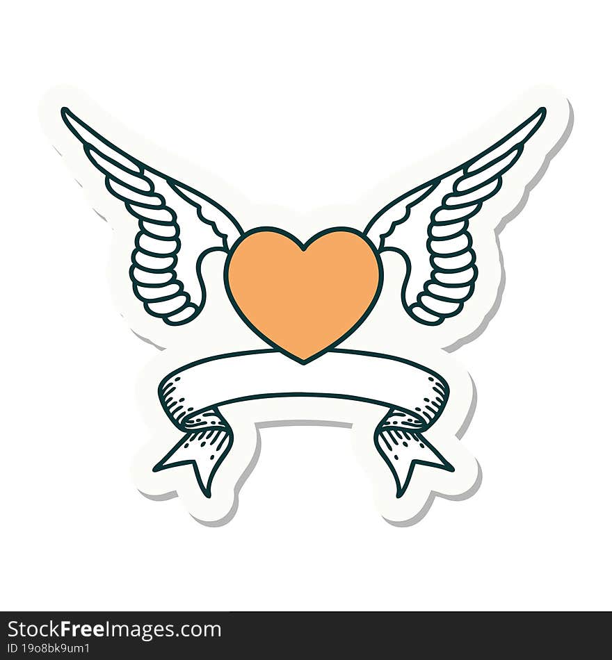 tattoo sticker with banner of a heart with wings