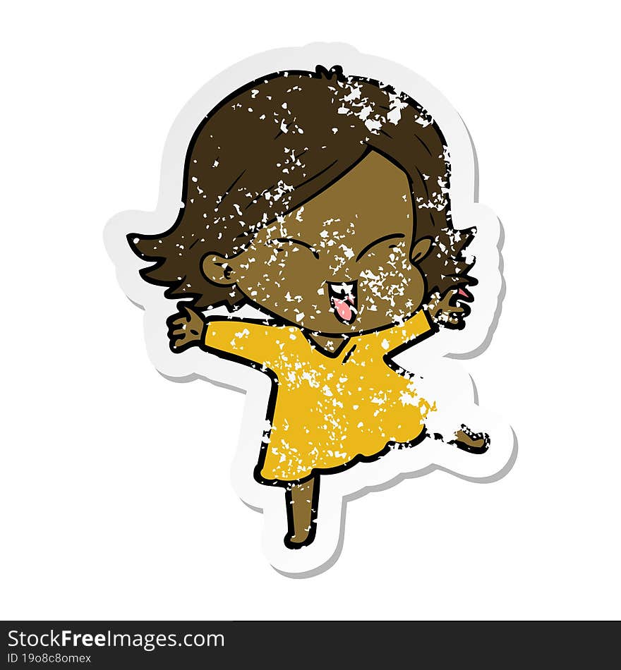 distressed sticker of a happy cartoon girl