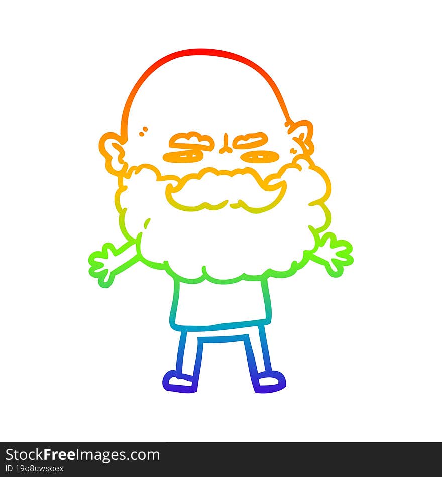 rainbow gradient line drawing cartoon man with beard frowning