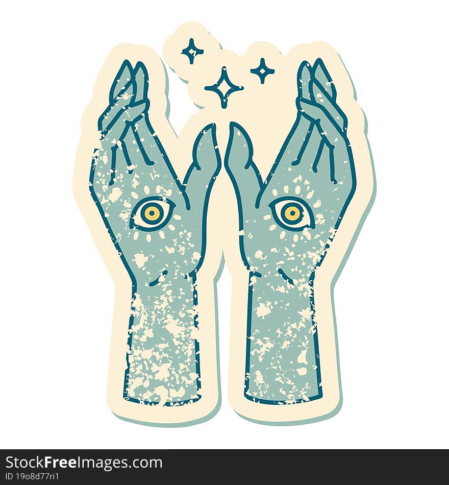 Distressed Sticker Tattoo Style Icon Of Mystic Hands