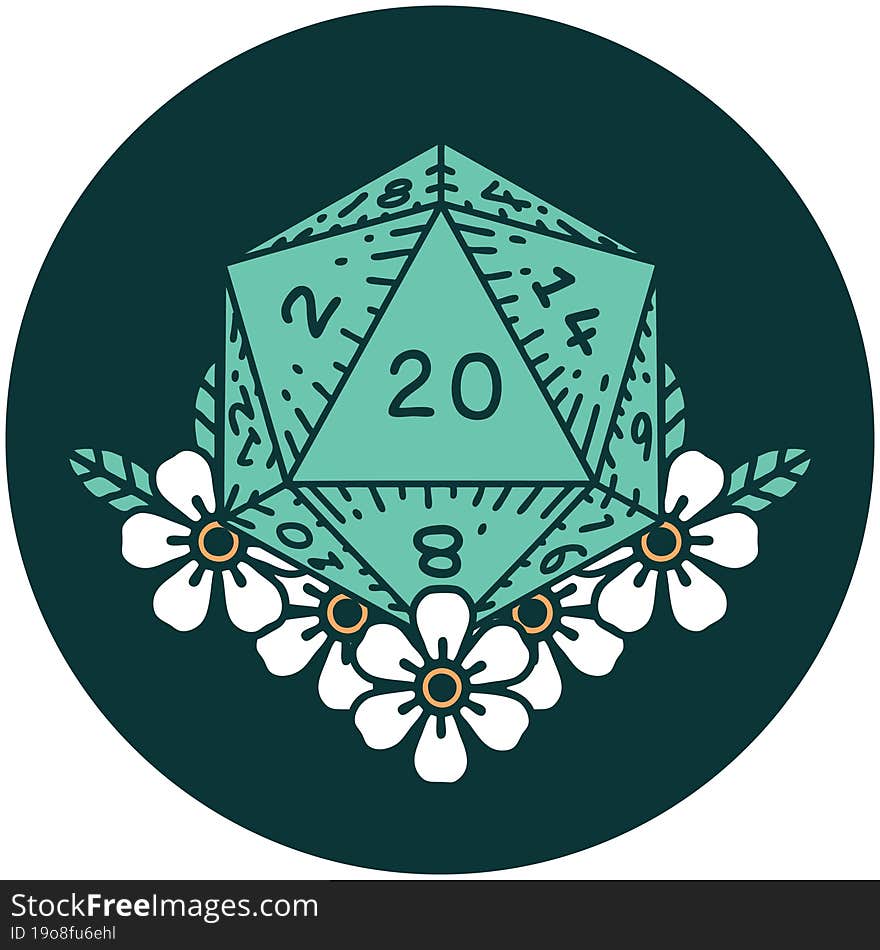 icon of natural 20 D20 dice roll with floral elements. icon of natural 20 D20 dice roll with floral elements