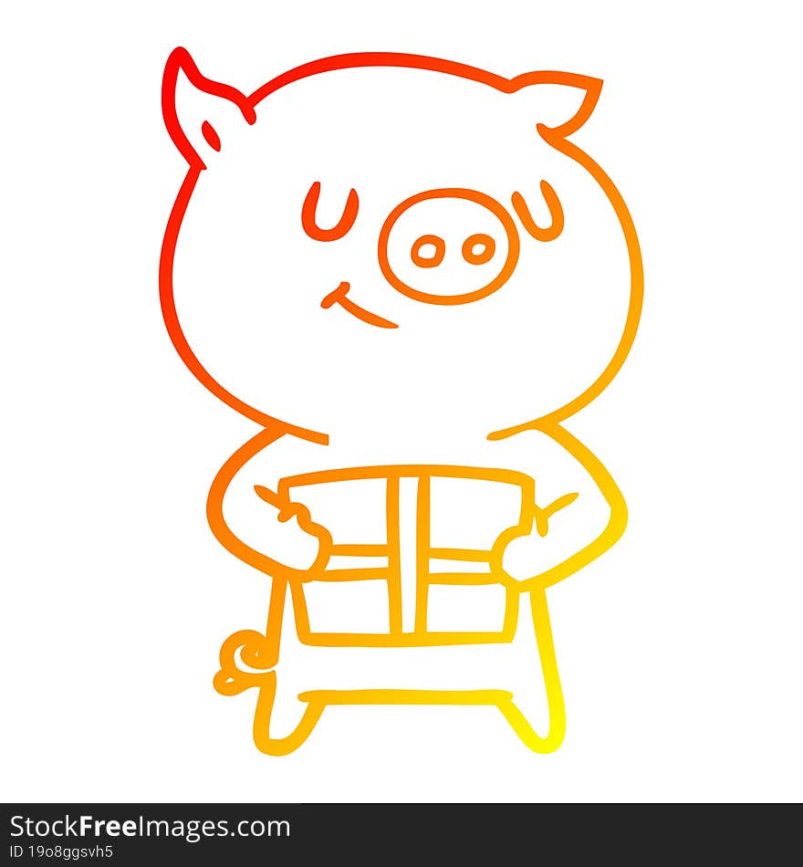 warm gradient line drawing of a happy cartoon pig with christmas present