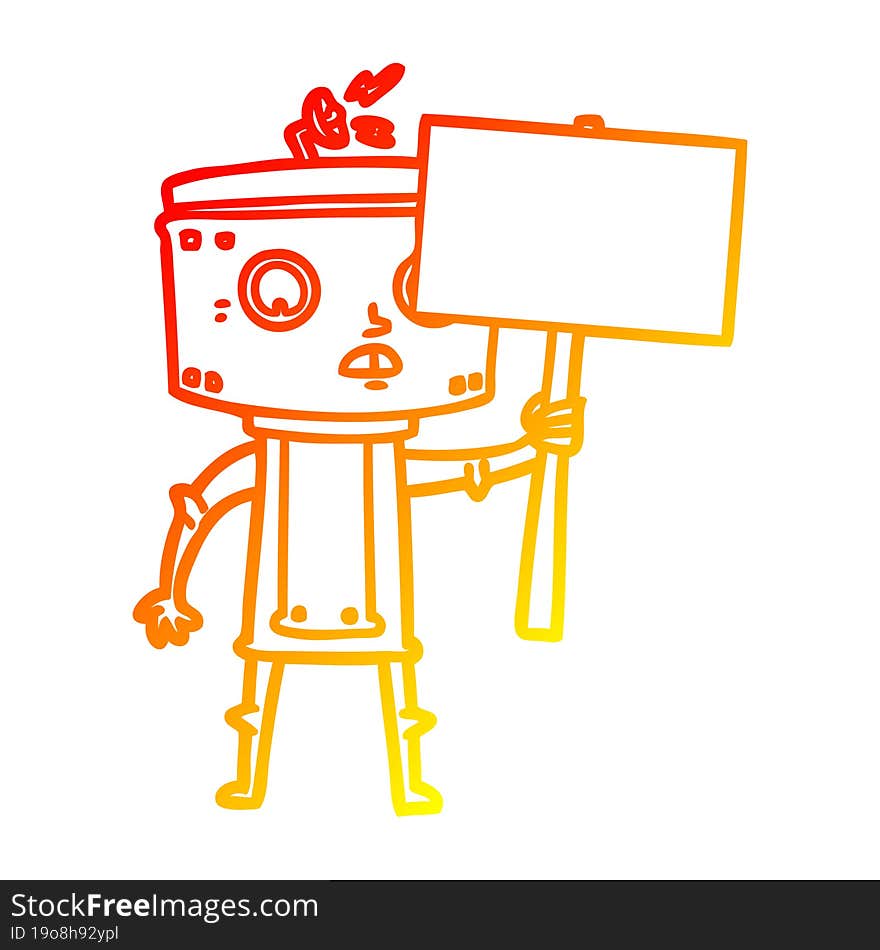 warm gradient line drawing of a cartoon robot with blank sign