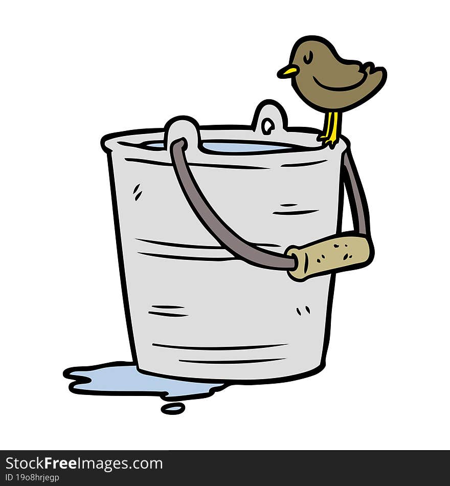 cartoon bird looking into bucket of water. cartoon bird looking into bucket of water