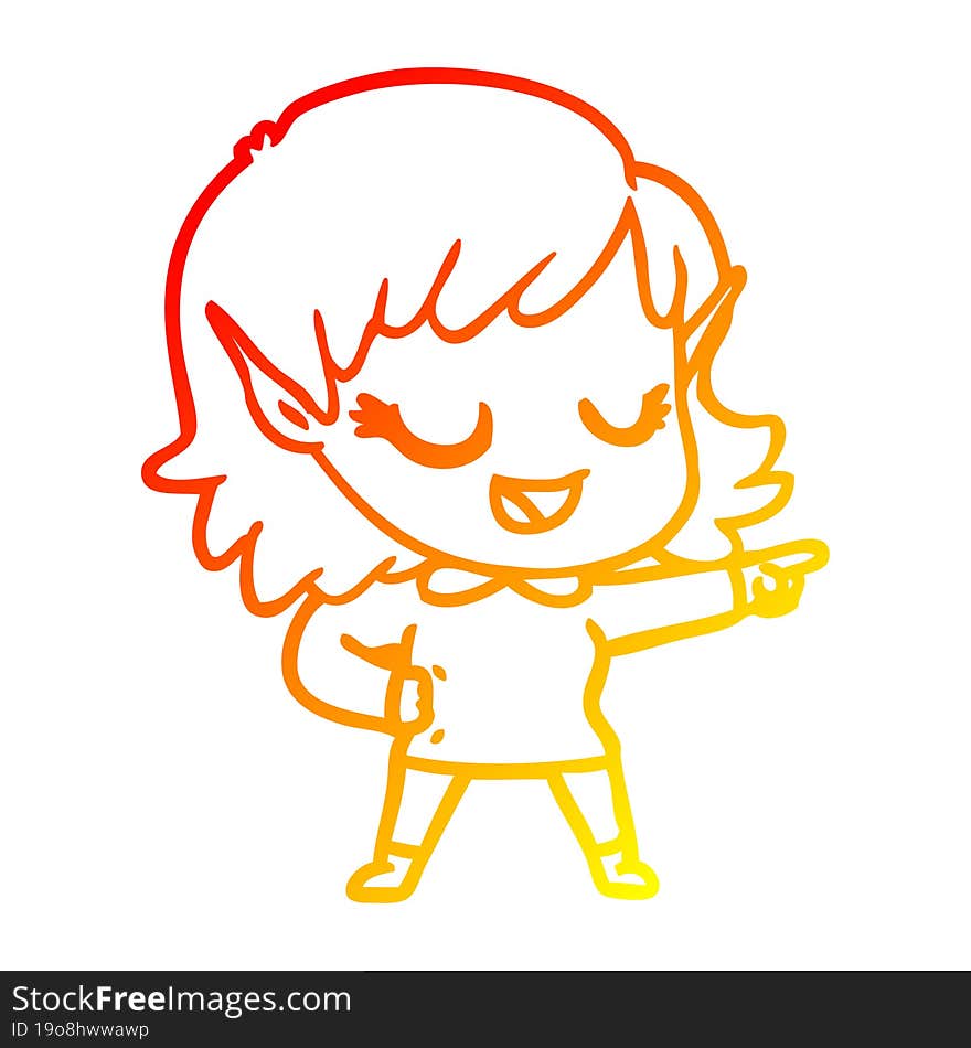 warm gradient line drawing happy cartoon elf girl pointing