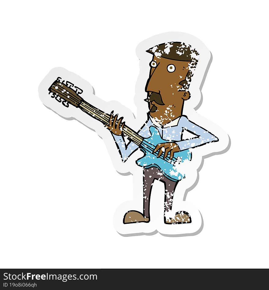 retro distressed sticker of a cartoon man playing electric guitar