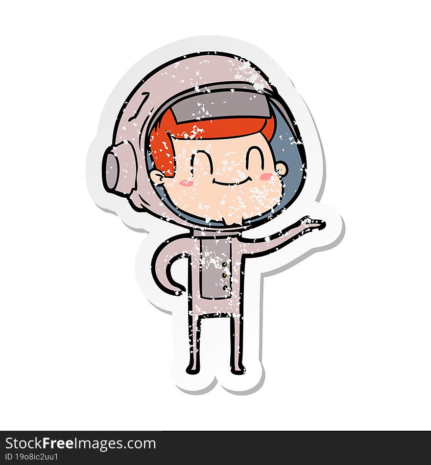 distressed sticker of a happy cartoon astronaut