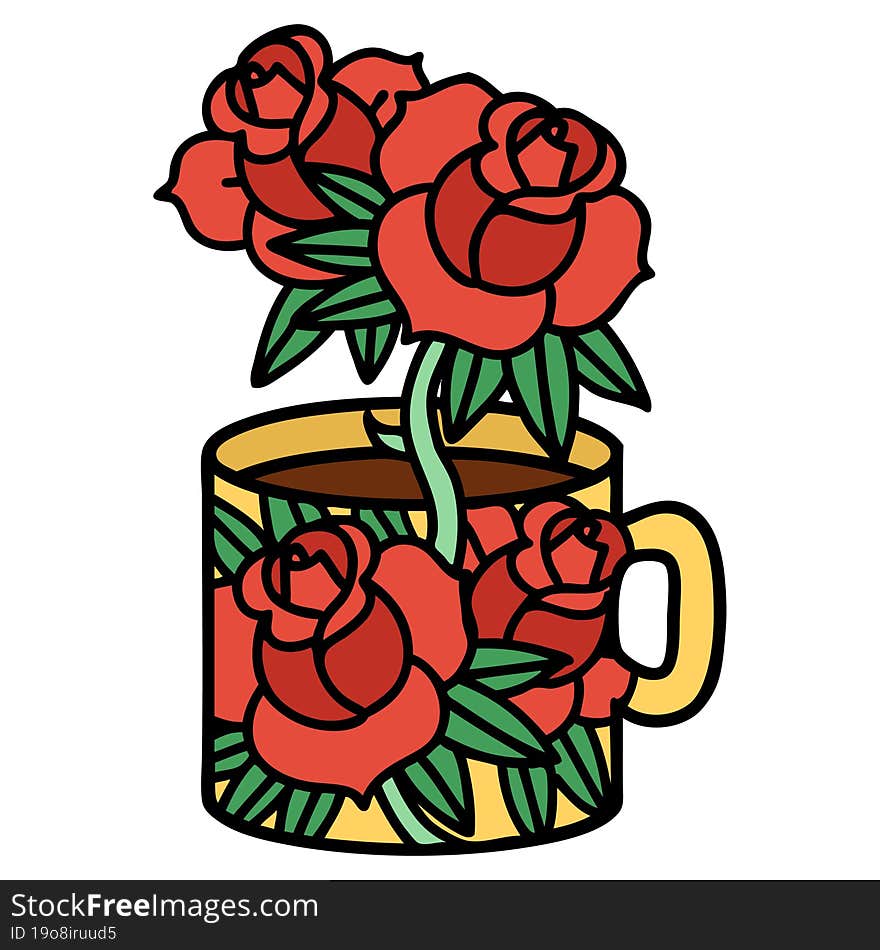 Traditional Tattoo Of A Cup And Flowers