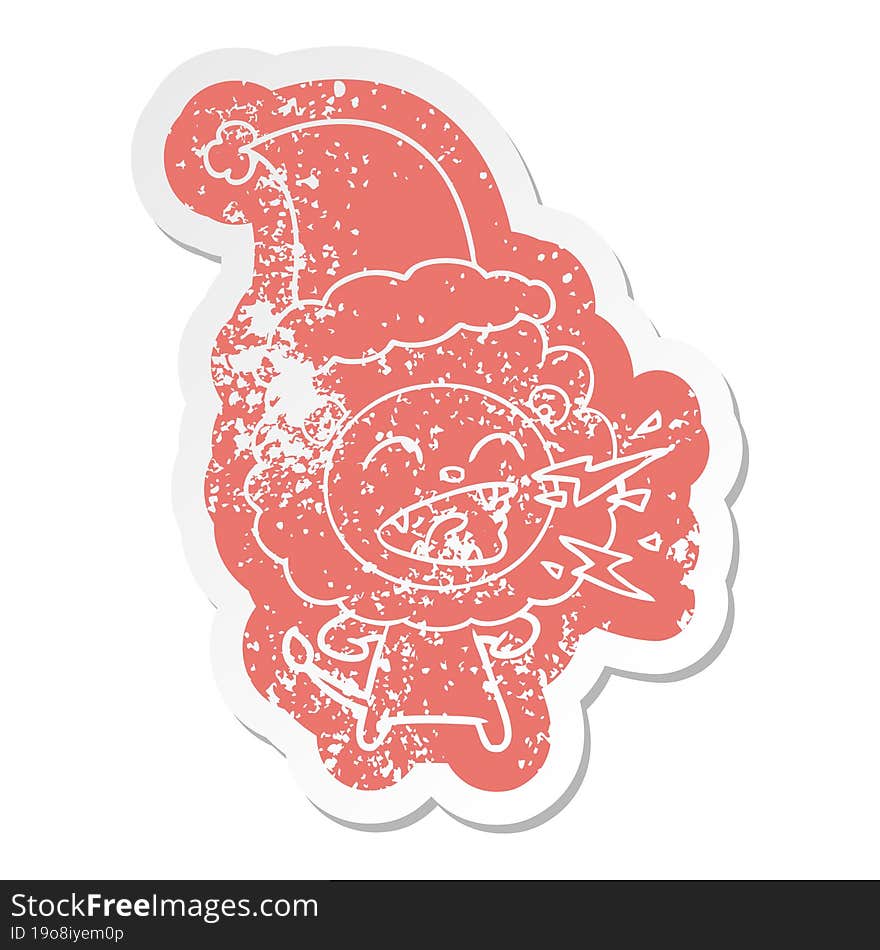 cartoon distressed sticker of a roaring lion wearing santa hat