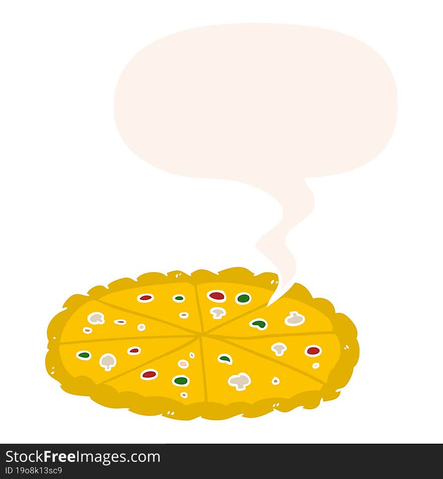 Cartoon Double Cheese Pizza And Speech Bubble In Retro Style