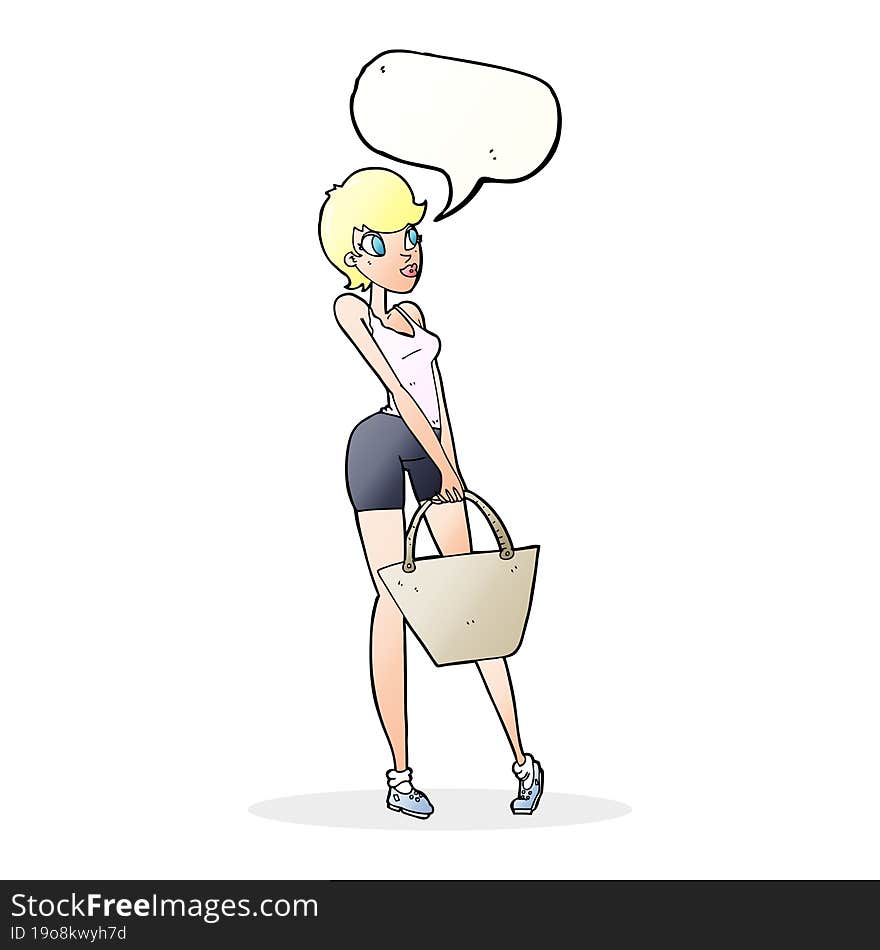 cartoon attractive woman shopping with speech bubble