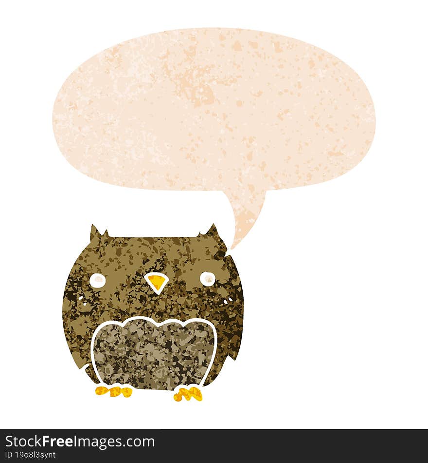 Cute Cartoon Owl And Speech Bubble In Retro Textured Style