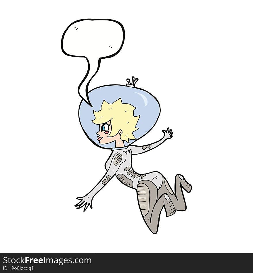 cartoon space woman with speech bubble