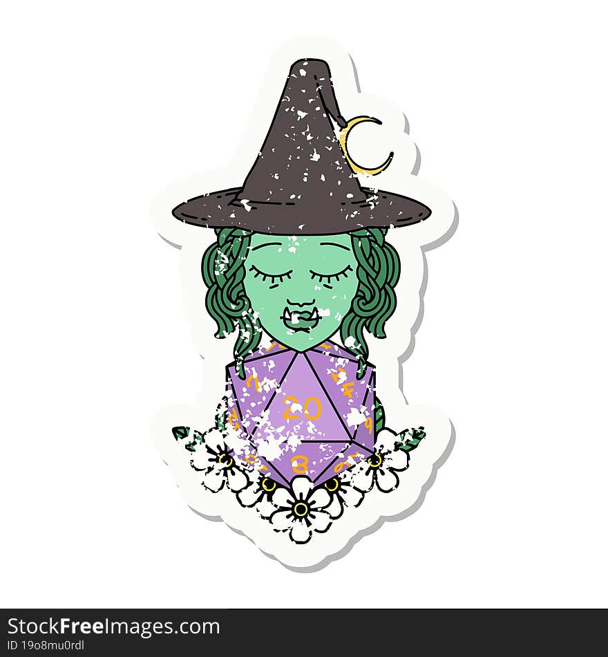 grunge sticker of a half orc wizard with natural twenty dice roll. grunge sticker of a half orc wizard with natural twenty dice roll