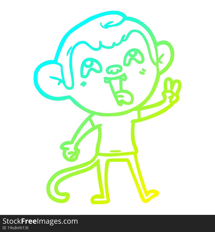 cold gradient line drawing of a crazy cartoon monkey giving peace sign