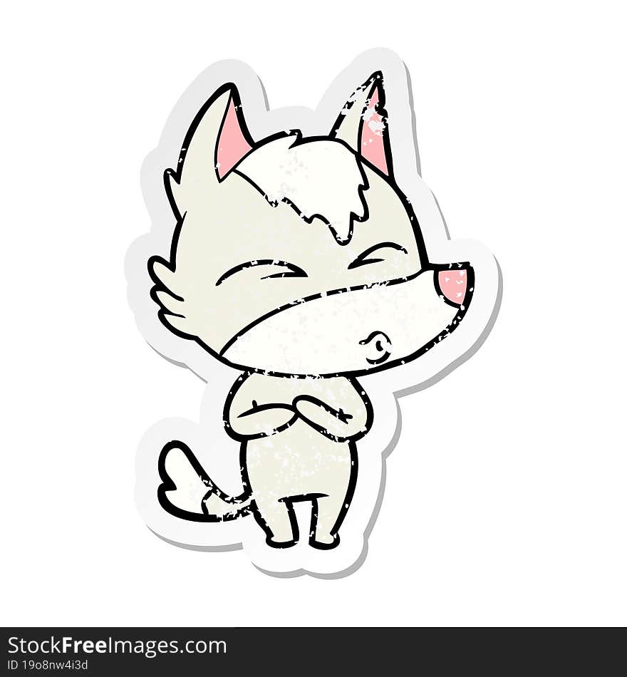 distressed sticker of a cartoon wolf whistling