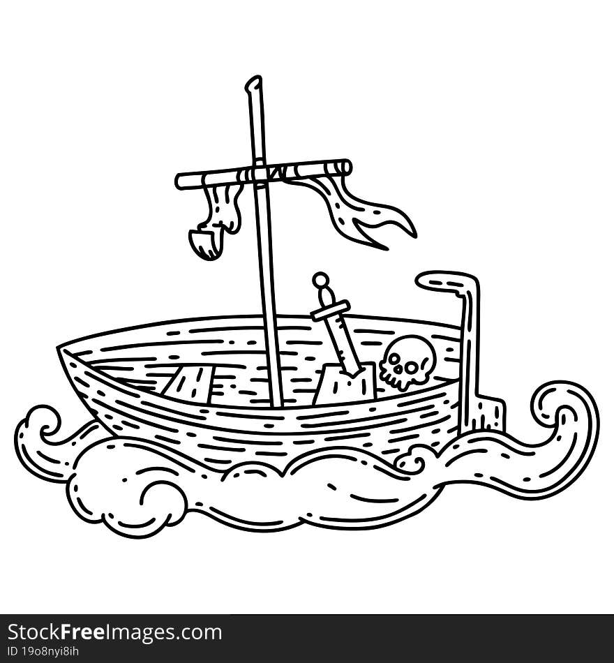 illustration of a traditional black line work tattoo style empty boat with skull