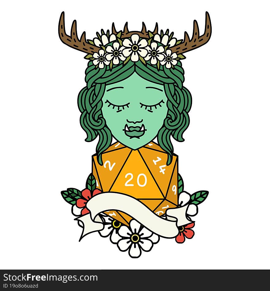 half orc druid character with natural 20 dice roll illustration